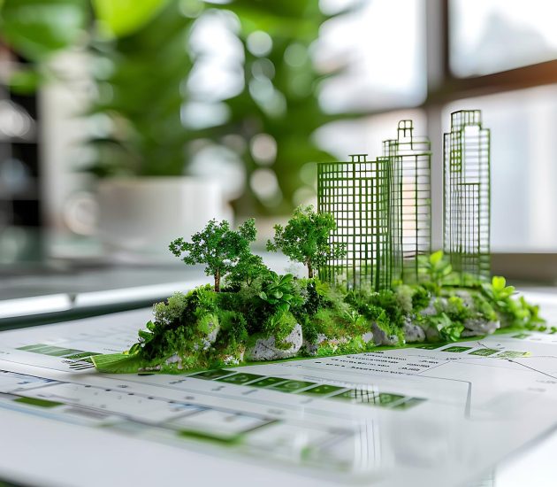 Miniature of green city on table with laptop. 3d rendering